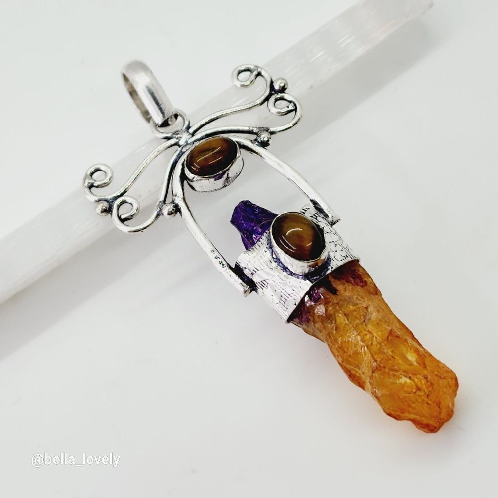 Unique! Bi-Color Tourmaline Tiger Eye Ethnic Handmade Pendant Jewelry 3"